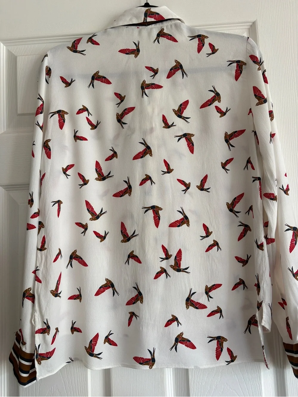 Zara White Tie-Neck Blouse with Red Bird Print - Picture 4 of 5